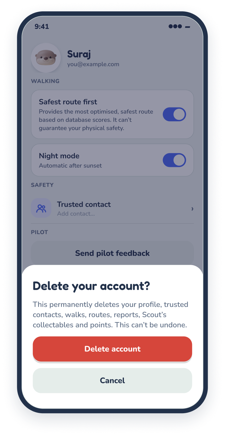 The OtterWay Profile screen with the “Delete your account?” confirmation: it permanently deletes your profile, trusted contacts, walks, routes and reports, with Delete account and Cancel buttons.