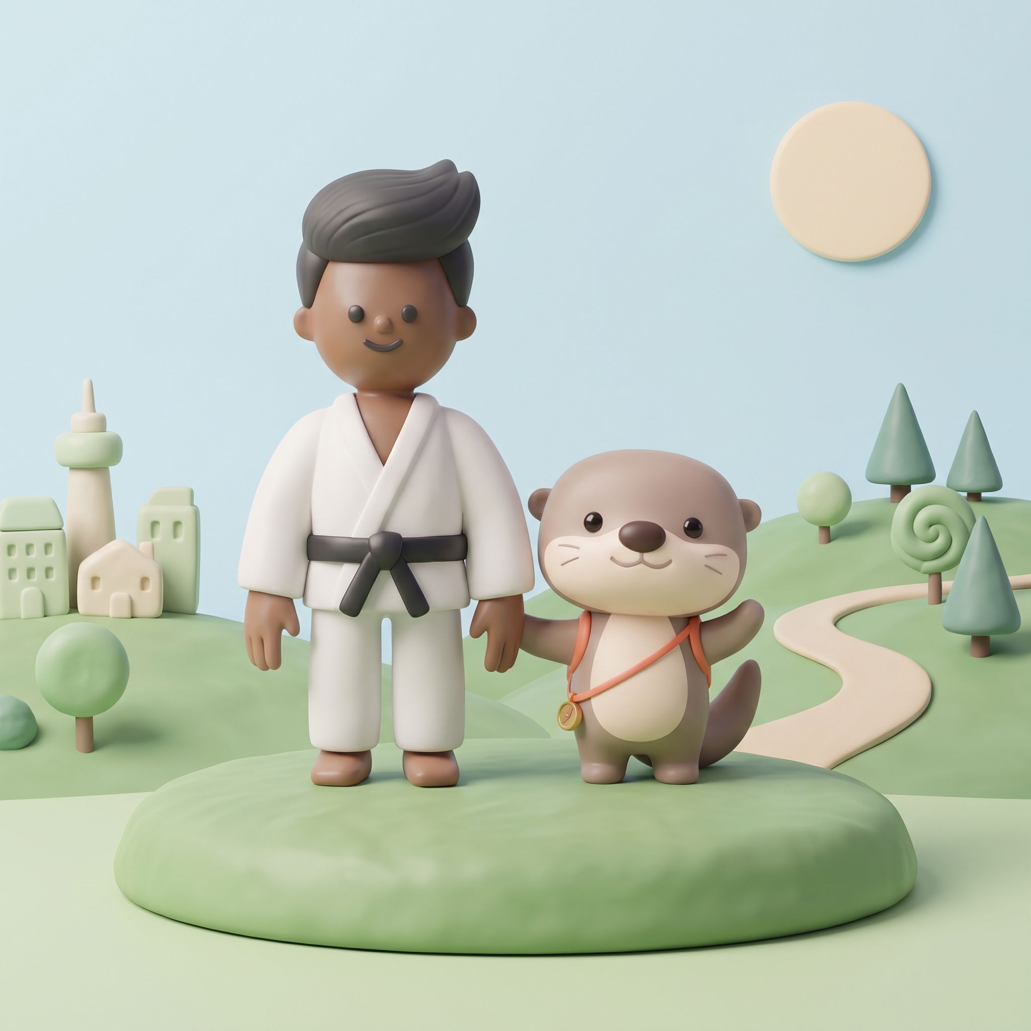 A 3D illustration of Suraj, OtterWay’s founder, in a martial arts uniform standing next to Scout the otter in a green park.