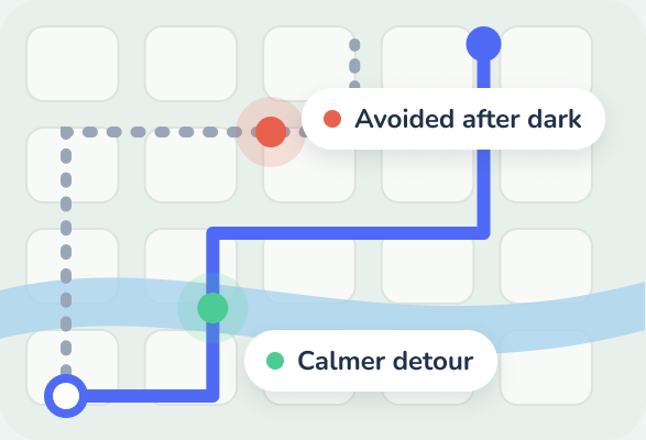 A map with a street marked “Avoided after dark” and a “Calmer detour”.