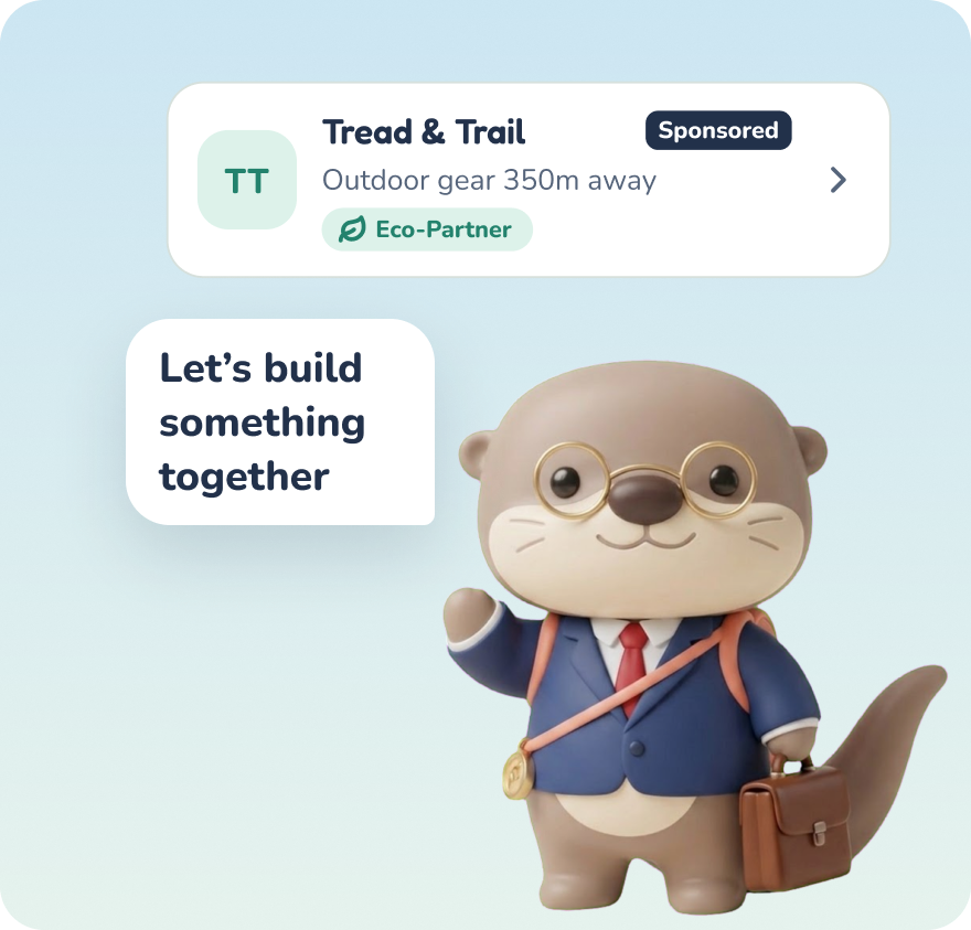 Scout in a suit next to a sponsored search result for Tread & Trail, saying “Let’s build something together”.