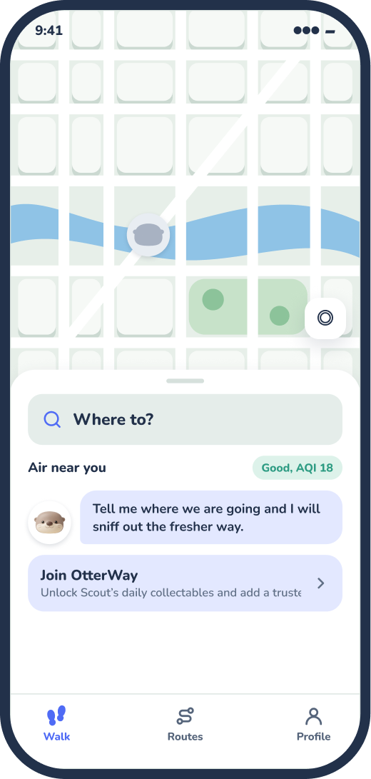 OtterWay home screen with a “Where to?” search bar, air quality near you and a tip from Scout.