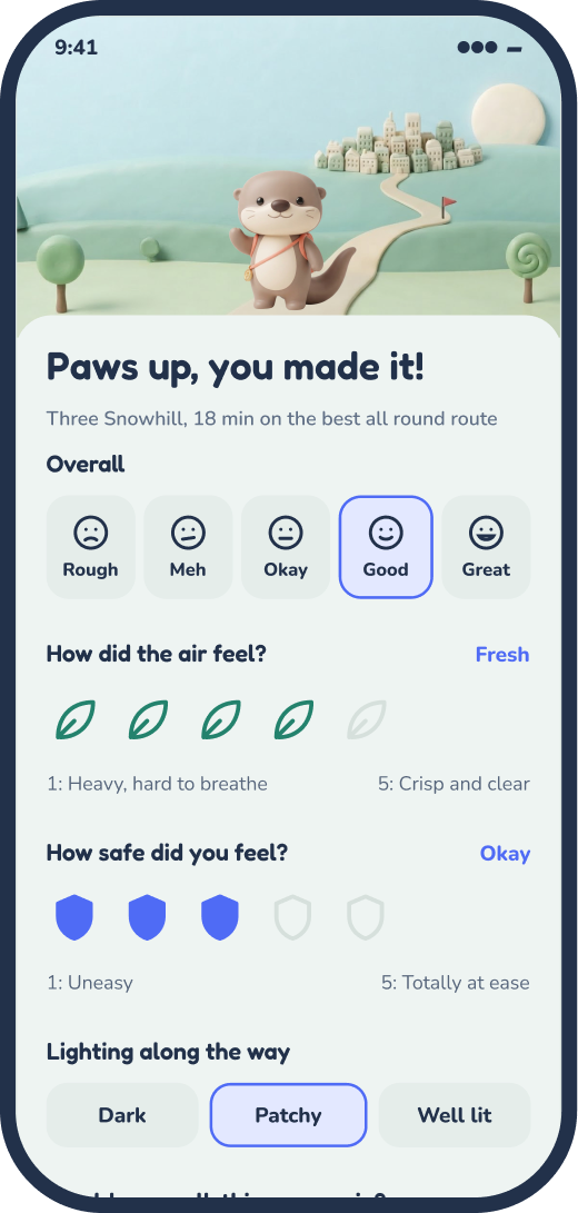 After-walk screen asking how the walk felt, with leaves for air and shields for safety.