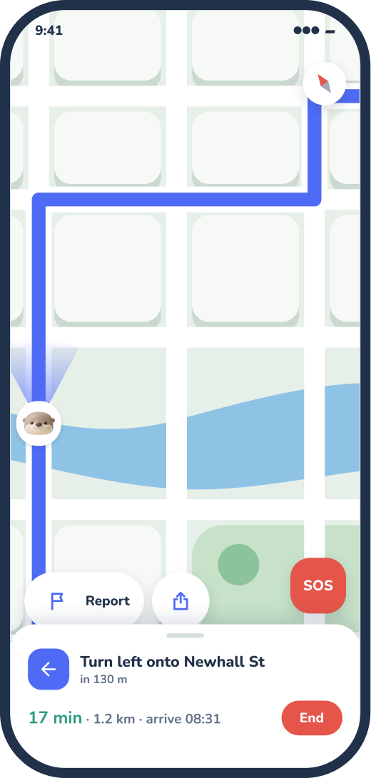 Walking screen with a full-screen map, the next turn, Report and SOS buttons.