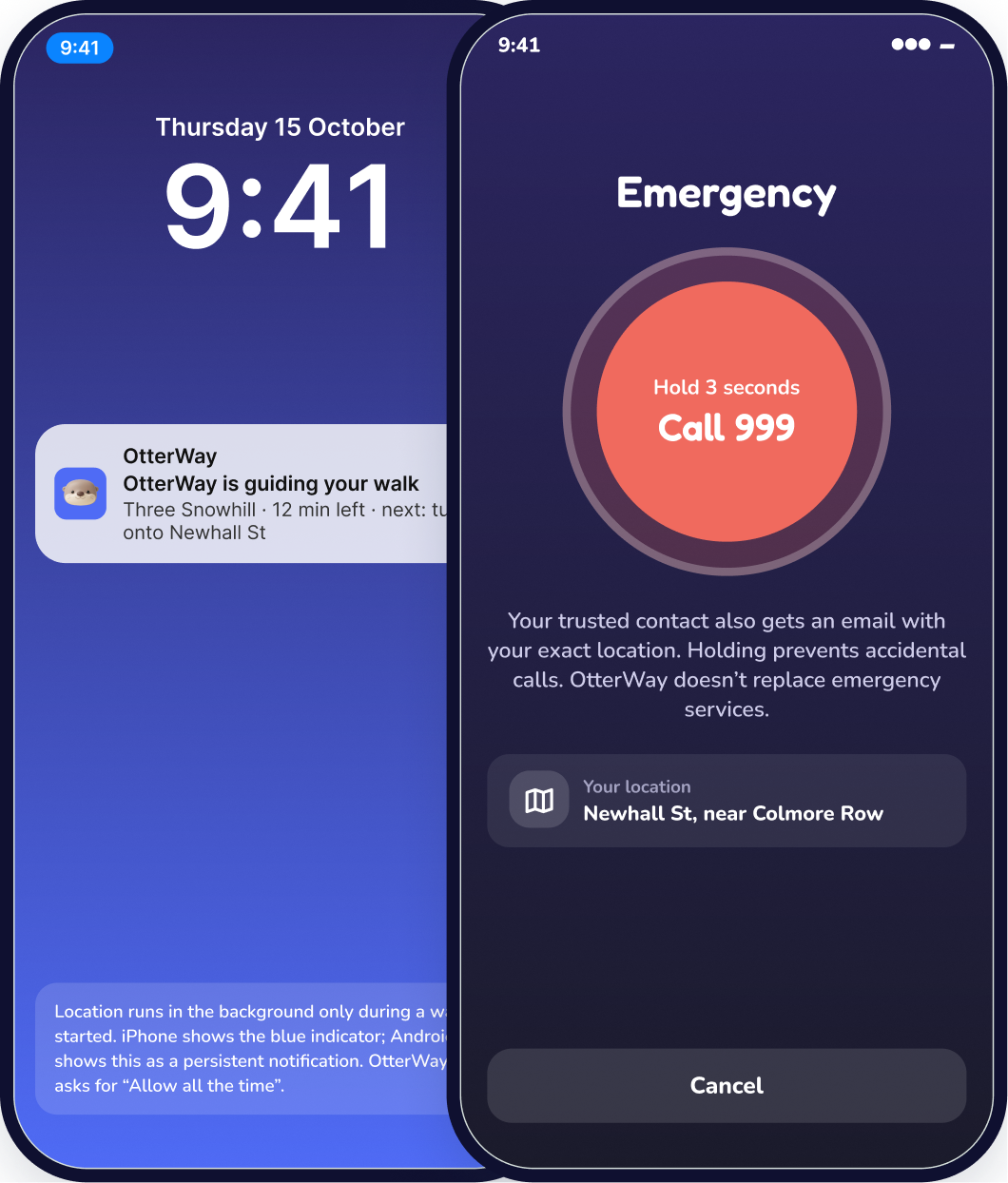 Two phones at night: the lock screen showing “OtterWay is guiding your walk”, and the SOS screen with a hold-to-call 999 button that also emails your trusted contact your location.
